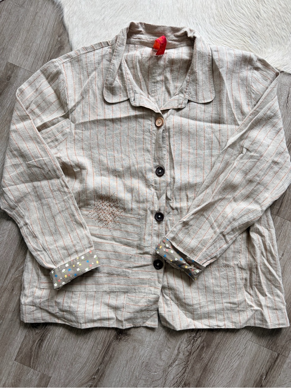 Women Neutral Stripe Button-Up Shirt - Beige with Orange Pinstripes